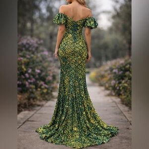 Faereisty Green & Gold Sequin Prom Dress XS | Fairycore Glam Gown with Train